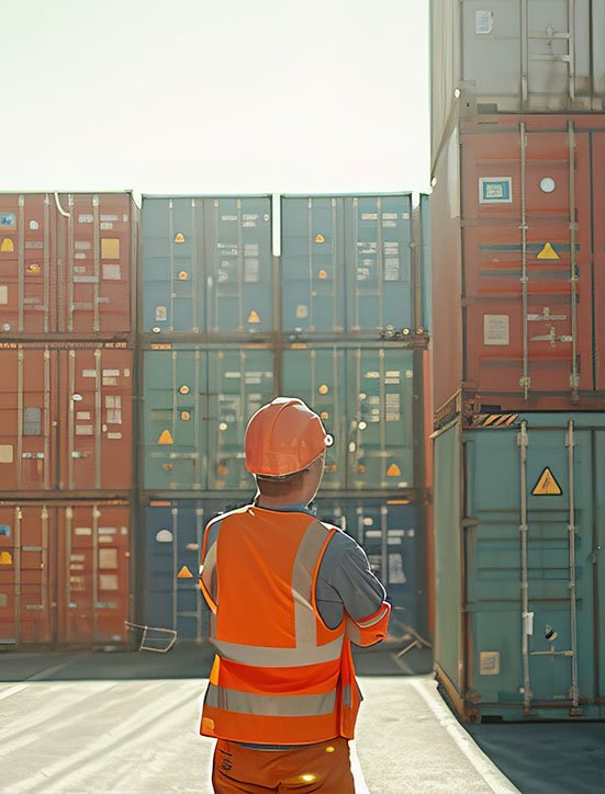 Warehouse staff inspecting shipping containers to ensure customs compliance and regulatory consulting services.
