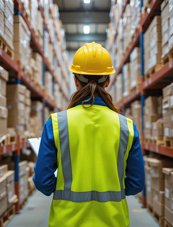 Supply chain services workflow with shipping containers, trucks, and warehouse operations ensuring efficient freight movement.