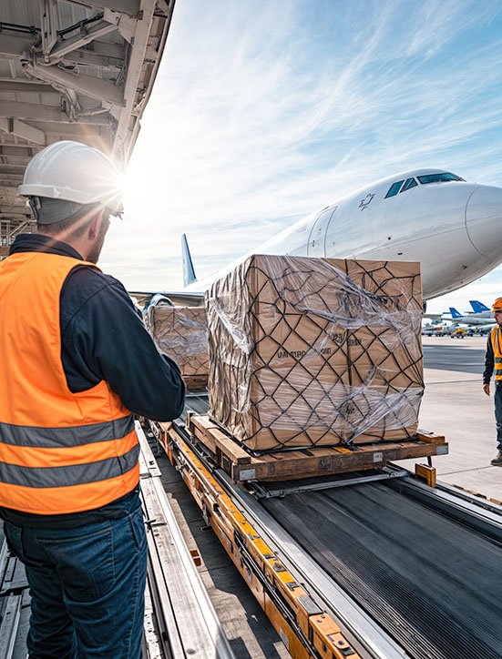 Air freight forwarder coordinating fast shipping with cargo planes, containers, and logistics operations at a busy port terminal