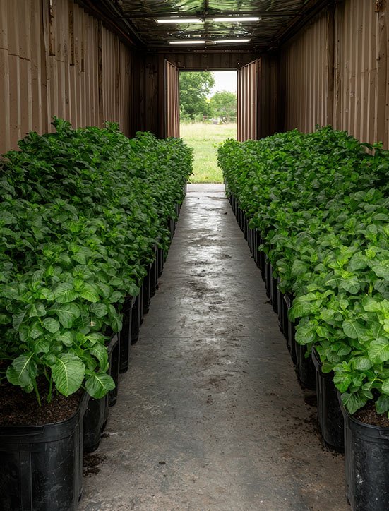 Horticulture freight forwarder managing safe shipment of plants with containers and trucks at a busy logistics port facility.