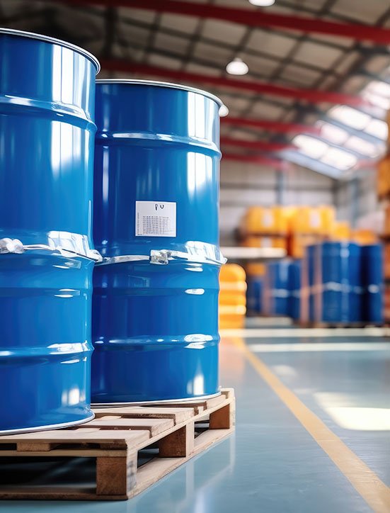 Shipping containers and trucks at an industrial port representing a reliable chemical freight forwarder for global logistics.