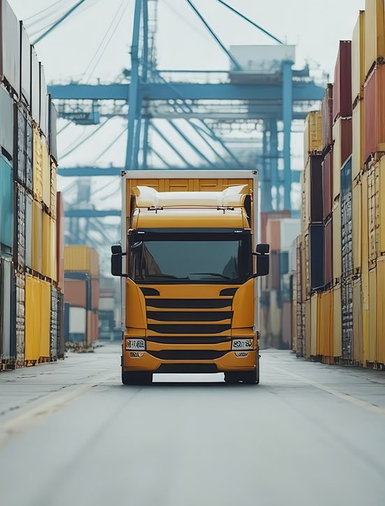 Freight trucks loading shipping containers at a warehouse for efficient domestic transport shipping services across the US.